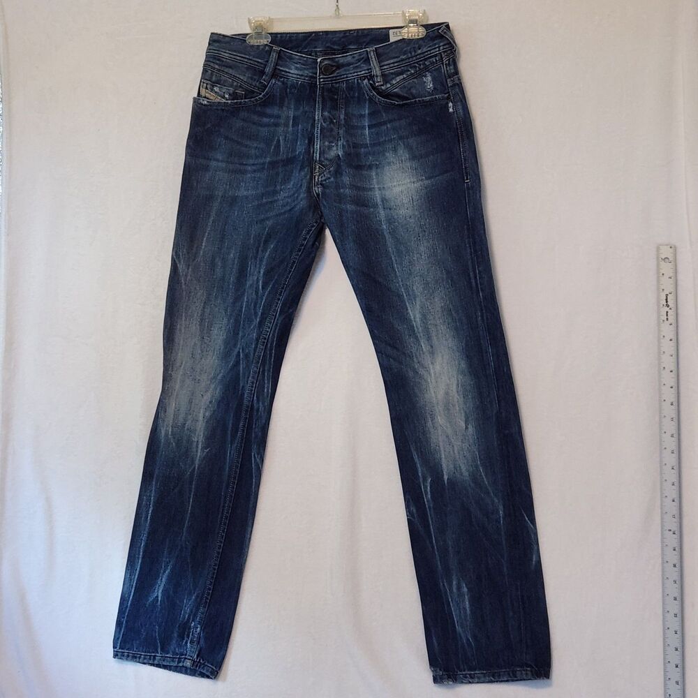 Diesel POIAK Men's Jeans 31x32 Dark Blue Distressed Marbled Straight Leg 008C0